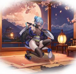 Rule 34 | 1boy, absurdres, architecture, arknights, black gloves, black thighhighs, blue hair, blue nails, blush, bulge, east asian architecture, elbow gloves, full moon, gins, gloves, hair bun, high heels, highres, holding, holding weapon, huge moon, japanese clothes, kimono, lantern, leotard, looking at viewer, male focus, mask, mizuki (arknights), moon, mouth mask, nipple piercing, nipples, okobo, piercing, purple eyes, sandals, sash, see-through, single hair bun, smile, solo, squatting, thighhighs, tiptoes, trap, weapon