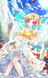 Rule 34 | 1girl, :d, absurdres, bad id, bad pixiv id, bird, bird on hand, blonde hair, blue sky, cloud, collarbone, day, flower, garden, gem, highres, huge filesize, idolmaster, idolmaster shiny colors, jewelry, knees together feet apart, lifting own clothes, long skirt, necklace, open mouth, outdoors, parted bangs, petals, pillar, print skirt, revision, sakuragi mano, shirt, sidelocks, skirt, skirt hold, sky, smile, solo, sparkle, sun, tree, wading, water, white bird, white skirt, wine (2148 wine), yellow eyes, yellow shirt