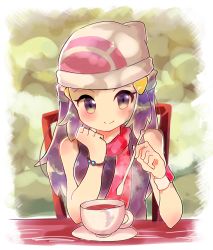 Rule 34 | 1girl, artist request, bare shoulders, beanie, black shirt, blue eyes, blue hair, blush, border, bracelet, breasts, chair, creatures (company), cup, dawn (pokemon), drink, game freak, green background, hair ornament, hairclip, hands up, hat, highres, jewelry, long hair, looking at viewer, matching hair/eyes, nintendo, plate, pokemon, pokemon dppt, red scarf, scarf, shirt, simple background, sitting, sleeveless, sleeveless shirt, small breasts, smile, solo, steam, table, teacup, teaspoon, white border, white hat, wristband