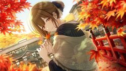 Rule 34 | 1girl, ahoge, architecture, autumn, autumn leaves, blush, bridge, brown eyes, brown hair, day, east asian architecture, falling leaves, hair bun, holding, holding leaf, idolmaster, idolmaster shiny colors, jacket, japanese clothes, kimono, kuwayama chiyuki, leaf, long hair, looking at viewer, looking back, maple leaf, official alternate costume, official alternate hairstyle, official art, outdoors, pinstripe pattern, sky, smile, solo, striped, sun, tree, wide sleeves