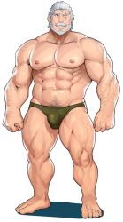 Rule 34 | 1boy, abs, bara, bare pectorals, beard, body hair, briefs, bulge, facial hair, full body, green briefs, green male underwear, grey hair, large pectorals, looking at viewer, male focus, male underwear, manly, muscular, navel, nipples, old, old man, overwatch, overwatch 1, pectorals, reinhardt (overwatch), sakuramarusan, scar, scar across eye, scar on face, short hair, solo, thick thighs, thighs, underwear, underwear only