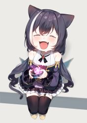 Rule 34 | 1girl, :d, absurdres, animal ears, bad id, bad pixiv id, black hair, black thighhighs, blush, brooch, cat ears, cat girl, cat tail, commentary, crying, detached sleeves, closed eyes, fang, from above, garter straps, grey background, highres, jewelry, karyl (princess connect!), long hair, long sleeves, looking at viewer, multicolored hair, open mouth, princess connect!, single garter strap, sitting, smile, solo, streaked hair, tail, thighhighs, useq1067, white hair