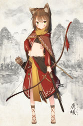 Rule 34 | 1girl, absurdres, animal ear fluff, animal ears, arrow (projectile), blush, bow (weapon), brown hair, coreytaiyo, crop top, facial mark, full body, hair between eyes, hand on own hip, highres, holding, holding bow (weapon), holding weapon, long sleeves, looking at viewer, medium hair, monochrome background, navel, original, quiver, red skirt, scarf, skirt, solo, tail, toes, traditional clothes, weapon, whisker markings, yellow eyes