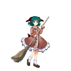 Rule 34 | 1girl, animal ears, bamboo broom, broom, brown dress, brown footwear, closed mouth, dog ears, dog tail, dress, full body, game cg, green eyes, green hair, highres, holding, holding broom, kasodani kyouko, long sleeves, looking at viewer, rotte (1109), short hair, simple background, smile, socks, solo, tail, third-party source, touhou, touhou lostword, white background, white socks