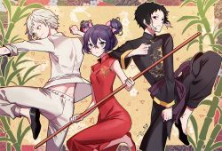 Rule 34 | 10s, 1girl, 2boys, bad id, bad twitter id, bungou stray dogs, character request, china dress, chinese clothes, commentary request, dress, ecru, fighting stance, floral background, hair bun, multiple boys, single hair bun, twitter username