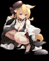 Rule 34 | 1girl, absurdres, alternate breast size, animal ears, arknights, bare shoulders, black background, black bow, black dress, black footwear, black gloves, black hat, blonde hair, blush, bow, breasts, cleavage, collarbone, dress, gloves, hair bow, hand up, hat, high heels, highres, jewelry, katachi noboru nishikino, large breasts, medium hair, necklace, official alternate costume, red eyes, simple background, sleeveless, sleeveless dress, solo, sora (arknights), sora (melodiosa) (arknights), squatting, tail, wolf ears, wolf girl, wolf tail