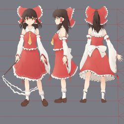 Rule 34 | 1girl, ascot, bad id, bad pixiv id, bow, brown hair, character sheet, detached sleeves, expressionless, frilled skirt, frills, gohei, hair bow, hair tubes, hakurei reimu, highres, loafers, ribbon-trimmed sleeves, ribbon trim, shoes, skirt, touhou, usfdive, vest, wide sleeves