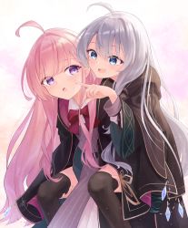 Rule 34 | 2girls, absurdres, ahoge, blue eyes, bow, carrying, elaina (majo no tabitabi), finger to cheek, grey hair, hand up, highres, holding, long hair, long sleeves, looking at another, majo no tabitabi, minau37, multiple girls, open mouth, pink hair, purple eyes, red bow, sidelocks, simple background, thighhighs, white background, yuri