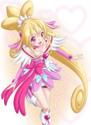 Rule 34 | 1girl, aida mana, arm warmers, blonde hair, boots, bow, brooch, cure heart, detached sleeves, dokidoki! precure, dress, earrings, hair ornament, half updo, heart, heart brooch, heart earrings, jewelry, long hair, magical girl, open mouth, pink bow, pink eyes, pink footwear, ponytail, precure, skirt, smile, solo, t2r