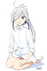Rule 34 | 1girl, ^^^, ahoge, alternate costume, asashimo (kancolle), commentary request, dress shirt, full body, grey eyes, hair over one eye, kantai collection, lap pillow invitation, long hair, long sleeves, looking at viewer, moti coi, one-hour drawing challenge, ponytail, sharp teeth, shirt, silver hair, simple background, sitting, solo, teeth, wariza, white background, white shirt