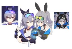 Rule 34 | 2girls, animal ears, black gloves, bronya zaychik, bronya zaychik (haxxor bunny), cellphone, commentary, drill hair, eyewear on head, fingerless gloves, fur trim, gloves, grey eyes, grey hair, hair between eyes, highres, honkai: star rail, honkai (series), honkai impact 3rd, in-franchise crossover, jacket, johnny-chan, looking at another, multiple girls, phone, ponytail, rabbit ears, reference inset, silver wolf (honkai: star rail), single bare shoulder, sunglasses, symbol-only commentary, talking, twin drills, twintails, white background