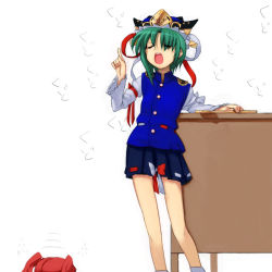 Rule 34 | 2girls, 7c, bow, closed eyes, female focus, green hair, hair bobbles, hair ornament, hat, leaning, multiple girls, onozuka komachi, open mouth, pointing, red hair, ribbon, rod of remorse, scolding, shiki eiki, short hair, skirt, touhou, twintails, two side up