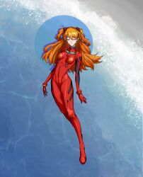 Rule 34 | 1girl, absurdres, artist request, bodysuit, breasts, closed eyes, highres, interface headset, long hair, medium breasts, neon genesis evangelion, orange hair, pilot suit, plugsuit, red bodysuit, shiny clothes, simple background, solo, souryuu asuka langley, two side up