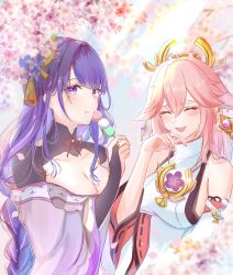 Rule 34 | 2girls, absurdres, bare shoulders, blue flower, blue hair, blunt bangs, blush, braid, breasts, cherry blossoms, cleavage, closed eyes, cocoa 11vv, collarbone, dango, dress, eating, flower, food, genshin impact, hair flower, hair ornament, highres, large breasts, long sleeves, multiple girls, neck ribbon, parted bangs, pink hair, purple dress, purple eyes, purple flower, raiden shogun, red ribbon, ribbon, smile, wagashi, white dress, yae miko