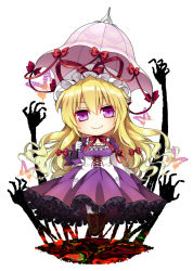 Rule 34 | 1girl, blonde hair, boots, bow, bug, butterfly, chibi, choker, corset, dress, frills, full body, hair bow, hair ornament, hat, hat bow, hat ribbon, insect, long hair, long sleeves, looking at viewer, mise yuzuki, mob cap, parasol, puffy sleeves, purple dress, purple eyes, ribbon, ribbon choker, simple background, smile, solo, touhou, umbrella, white background, white legwear, wide sleeves, yakumo yukari