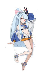 Rule 34 | 1girl, absurdres, adapted costume, alternate hairstyle, arm up, bare shoulders, bikini, bikini bottom only, blue hair, blunt bangs, blunt ends, commentary request, creatures (company), crop top, expressionless, game freak, hair ribbon, half updo, highres, hiragi sage, holding, holding poke ball, jacket, jacket partially removed, kotonoha aoi, long hair, long sleeves, looking at viewer, low-tied sidelocks, midriff, nintendo, no socks, partially unzipped, poke ball, pokemon, pokemon swsh, ponytail, red eyes, ribbon, sandals, sidelocks, simple background, solo, swimsuit, tankini, unfinished, very long hair, voiceroid, white background, white jacket, wide sleeves