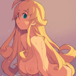Rule 34 | 1girl, ahoge, blonde hair, blush, breasts, commentary request, completely nude, eyes visible through hair, gradient background, green eyes, grey background, large breasts, long hair, looking at viewer, metata, nipples, nude, original, solo, wet, wet hair