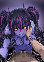 Rule 34 | 1boy, 1girl, animegao, black hair, black sclera, blush, bodysuit, boots, breasts, colored sclera, colored skin, commentary request, cosplay, cowgirl position, demon girl, demon horns, fingernails, girl on top, grin, halloween, hand on another&#039;s cheek, hand on another&#039;s face, hetero, highres, horns, kigurumi, large breasts, latex, latex bodysuit, looking at viewer, mask, multicolored hair, orange eyes, original, penis, pointy ears, pov, purple bodysuit, purple hair, purple skin, ribimura, sex, sharp fingernails, smile, straddling, thigh boots, twintails, two-tone hair
