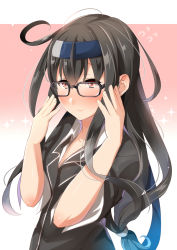 Rule 34 | 1girl, adjusting eyewear, bad id, bad pixiv id, black-framed eyewear, black hair, blush, closed mouth, commentary request, flying sweatdrops, glasses, hands up, hatsushimo (kancolle), hatsushimo kai ni (kancolle), juurouta, kantai collection, long hair, looking at viewer, pink background, smile, solo, sparkle, upper body