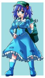 Rule 34 | &gt;:d, 1girl, :d, backpack, bag, blue eyes, blue footwear, blue hair, boots, breasts, cabbie hat, full body, hair bobbles, hair ornament, hand on own hip, hat, highres, kawashiro nitori, key, long skirt, matching hair/eyes, medium breasts, open mouth, rubber boots, skirt, smile, solo, tanakara, touhou, twintails, two side up, v-shaped eyebrows, wrench