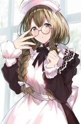 1girl, absurdres, alternate costume, apron, bangs, black bow, black dress, blush, bow, braid, brown-framed eyewear, brown eyes, brown hair, commentary request, dress, enmaided, eyebrows visible through hair, frilled apron, frills, glasses, hair between eyes, hair bow, hair over shoulder, hands up, highres, idolmaster, idolmaster shiny colors, indoors, kuwayama chiyuki, long hair, long sleeves, looking at viewer, maid, maid apron, parted lips, round eyewear, satoimo chika, sleeves past wrists, solo, standing, twin braids, white apron, white bow, window
