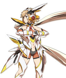 Rule 34 | &gt;:(, 10s, 1girl, armor, bodysuit, breasts, brown hair, clenched hands, cowboy shot, frown, gauntlets, gloves, headgear, headphones, highres, ikezawa shin, legs apart, looking to the side, navel, senki zesshou symphogear, short hair, shorts, simple background, skindentation, small breasts, solo, standing, tachibana hibiki (symphogear), v-shaped eyebrows, white background, yellow eyes