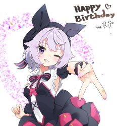 Rule 34 | &gt; o, 1girl, beret, black dress, black hat, blush, bow, breasts, commentary request, dress, grin, happy birthday, hat, heart, highres, indie virtual youtuber, korean text, kutata, kyue (vtuber), layered dress, looking at viewer, one eye closed, outstretched arm, pleated dress, puffy short sleeves, puffy sleeves, purple eyes, purple hair, shirt, short sleeves, small breasts, smile, solo, spoken heart, striped, striped bow, virtual youtuber, white background, white shirt, wrist cuffs