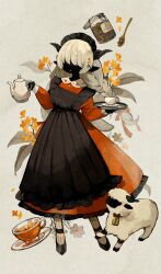 Rule 34 | 1girl, animal ears, apron, bell, black apron, black footwear, black skin, braid, branch, colored skin, commentary request, covered eyes, cowbell, cup, dress, flower, frilled apron, frilled dress, frills, grey pantyhose, hair flower, hair ornament, hair over eyes, hair ribbon, highres, holding, holding teapot, holding tray, horns, jar, leaf, long dress, long hair, long sleeves, maid headdress, open mouth, orange dress, orange flower, orange ribbon, original, pantyhose, ribbon, sakutake (ue3sayu), saucer, sheep, sheep ears, sheep girl, smile, solo, spoon, striped clothes, striped pantyhose, tail, teacup, teapot, tray, twin braids, vertical-striped clothes, vertical-striped pantyhose, wooden spoon