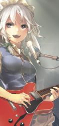 Rule 34 | 1girl, :d, apron, blue dress, blue eyes, blue vest, bow, braid, breasts, buttons, collared shirt, dress, electric guitar, eyebrows, eyelashes, fingernails, green ribbon, grey background, guitar, hair bow, hair over shoulder, happy, highres, instrument, izayoi sakuya, kumonji aruto, looking at viewer, maid, maid apron, maid headdress, microphone, microphone stand, music, neck ribbon, open mouth, playing instrument, red ribbon, ribbon, shirt, short hair, short sleeves, silver hair, simple background, singing, small breasts, smile, solo, teeth, touhou, twin braids, vest, waist apron