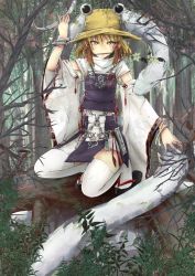 Rule 34 | 1girl, adapted costume, bad id, bad pixiv id, blonde hair, branch, cibo (killy), clog sandals, detached sleeves, embellished costume, female focus, flower, forest, hat, highres, looking at viewer, mishaguji, moriya suwako, mouth hold, nature, sandals, snake, solo, squatting, thighhighs, touhou, white thighhighs, yellow eyes, zouri