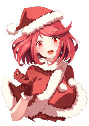 Rule 34 | 1girl, absurdres, breasts, earrings, hat, highres, jewelry, large breasts, pyra (xenoblade), red eyes, red hair, risumi (taka-fallcherryblossom), santa costume, santa hat, short hair, simple background, solo, swept bangs, white background, xenoblade chronicles (series), xenoblade chronicles 2