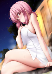 Rule 34 | 1girl, arm support, bare arms, bare shoulders, blurry, blurry background, blush, breasts, commentary request, crossed legs, feet out of frame, hair between eyes, hand up, head tilt, highres, large breasts, looking at viewer, low ponytail, naked towel, night, night sky, no headwear, nori tamago, nose blush, onsen, outdoors, parted lips, pink hair, red eyes, rock, saigyouji yuyuko, short hair, sidelocks, sitting, sky, solo, steam, sweat, thighs, touhou, towel, tree