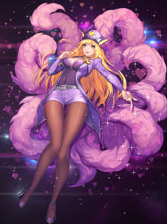 Rule 34 | 1girl, :d, absurdres, ahri (league of legends), animal ears, armlet, artist name, blonde hair, breasts, brown pantyhose, cleavage, facial mark, fox ears, fox tail, gem, glint, hand on own chest, hat, hayanpool, heart, heart background, high heels, highres, jacket, jewelry, kitsune, kyuubi, large breasts, league of legends, legs, lens flare, lips, long hair, long sleeves, looking at viewer, multiple tails, nail polish, open clothes, open jacket, open mouth, pantyhose, pantyhose under shorts, pendant, pink nails, pink shorts, popstar ahri, purple footwear, purple hat, purple heels, purple jacket, purple shirt, shirt, shoes, shorts, smile, solo, sparkle, swept bangs, tail, tareme, thigh gap, very long hair, whisker markings, yellow eyes, zipper