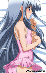 Rule 34 | 00s, 1girl, absurdres, anzelotte, blue eyes, blush, casual one-piece swimsuit, covered erect nipples, flat chest, frilled swimsuit, frills, grey hair, highres, long hair, lying, night wizard, non-web source, on side, one-piece swimsuit, solo, sugimura tomokazu, swimsuit, very long hair, watermark