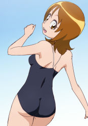 Rule 34 | 10s, 1girl, ass, bare shoulders, breasts, competition school swimsuit, from behind, happinesscharge precure!, looking back, oimanji, one-piece swimsuit, oomori yuuko, precure, school swimsuit, short hair, small breasts, smile, solo, swimsuit