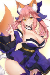 Rule 34 | 10s, 1girl, animal ears, blue ribbon, blush, breasts, cleavage, detached collar, fate/extra, fate (series), fox ears, fox shadow puppet, fox tail, hair ribbon, highres, japanese clothes, kimono, large breasts, light smile, long hair, looking at viewer, obi, pink hair, ribbon, sash, simple background, solo, tail, tamamo no mae (fate/extra), wide sleeves, yaman (yamanta lov), yellow eyes