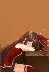 1girl alternate_costume amber_(genshin_impact) blush brown_hair cup drinking drunk genshin_impact hair_between_eyes hair_ribbon highres long_hair lovelyme red_ribbon ribbon shorts sitting sleeping squeans table