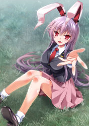 Rule 34 | 1girl, animal ears, ankle socks, blazer, blouse, blush, breasts, buttons, highres, jacket, large breasts, light purple hair, long hair, long sleeves, looking at viewer, medium skirt, necktie, open mouth, outdoors, pink skirt, pleated skirt, rabbit ears, reaching, reaching towards viewer, red eyes, reisen udongein inaba, shirt, shoes, sitting, skirt, socks, solo, sparkle, touhou, very long hair, white shirt, white socks, yamu (reverse noise)