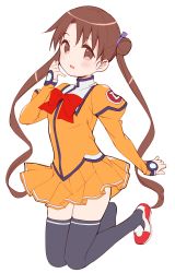 Rule 34 | 1girl, black thighhighs, blush, bow, brown eyes, brown hair, commentary request, double bun, full body, hair bun, hand up, highres, jacket, juliet sleeves, knees together feet apart, long sleeves, looking at viewer, meito (maze), orange jacket, orange skirt, parted lips, pleated skirt, puffy sleeves, red bow, shoes, simple background, skirt, sleeves past wrists, solo, thighhighs, twintails, uchuu no stellvia, white background, white footwear