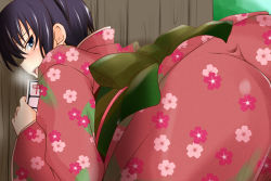 Rule 34 | 1girl, ass, bent over, black hair, blush, floral print, grey eyes, hatsumoude, heavy breathing, japanese clothes, jewelry, kimono, looking at viewer, looking back, new year, nishi koutarou, obi, open mouth, original, ring, sash, solo