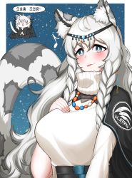 Rule 34 | 1girl, :3, :p, absurdres, animal ear fluff, animal ears, arknights, belt, black belt, black cape, blue background, blue eyes, border, braid, breasts, cape, chibi, chibi inset, eighth note, hair between eyes, hand on own chest, highres, jewelry, kjerag logo, korean text, large breasts, leopard ears, leopard girl, leopard tail, long hair, looking at viewer, manggapaegtoli, musical note, necklace, outside border, pramanix (arknights), side braids, silverash (arknights), simple background, snow, solo, speech bubble, sweater, tail, tail raised, tiara, tongue, tongue out, translation request, turtleneck, turtleneck sweater, upper body, wavy hair, white border, white hair, white sweater