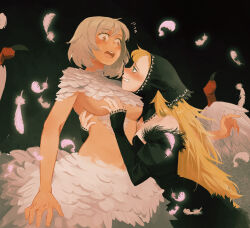 Rule 34 | 2girls, bare shoulders, black background, black dress, black headwear, blonde hair, blush, body fur, breasts, brown eyes, chimera, cocointhejar, commentary, detached hood, detached sleeves, dragon girl, dress, dungeon meshi, ear covers, elf, english commentary, eye contact, falin touden, falin touden (chimera), feathered wings, feathers, flying sweatdrops, fur trim, grabbing, grabbing another&#039;s breast, green eyes, grey hair, grin, hands up, highres, hood, hood up, hug, juliet sleeves, lace-trimmed headwear, lace-trimmed sleeves, lace trim, light brown hair, long hair, long sleeves, looking at another, marcille donato, marcille donato (lord), medium breasts, mixed-language commentary, monster girl, multiple girls, open mouth, pointy ears, profile, puffy sleeves, short hair, sleeves past wrists, smile, spoilers, surprised, underboob, upper body, wings, yuri