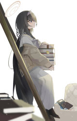 Rule 34 | 1girl, absurdres, azisai, bags under eyes, black hair, blue archive, blue eyes, blue neckerchief, blurry, blurry foreground, book, cardigan, closed mouth, couch, from behind, full body, hairband, halo, highres, holding, holding book, ladder, long hair, long sleeves, neckerchief, no shoes, profile, sailor collar, shirt, sitting, skirt, solo, turtleneck, ui (blue archive), very long hair, white background, white shirt, white skirt