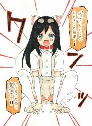 Rule 34 | 1girl, absurdres, animal ear fluff, animal ears, arm warmers, asashio (kancolle), black hair, blush stickers, brown footwear, brown skirt, collar, collared shirt, commentary request, dog ears, dog girl, dog tail, dress shirt, gintama, highres, kantai collection, long hair, marker (medium), mehonobu g, open mouth, panties, pantyshot, paw shoes, pleated skirt, red collar, shirt, shoes, short sleeves, skirt, solo, squatting, suspender skirt, suspenders, sweat, tail, thighhighs, traditional media, translation request, underwear, v-shaped eyebrows, very long hair, white background, white panties, white shirt, white thighhighs
