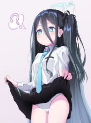 Rule 34 | 1girl, ?, aris (blue archive), black hair, black skirt, blue archive, blue eyes, blue necktie, blush, breasts, closed mouth, clothes lift, collared shirt, commentary request, grey background, hair between eyes, halo, highres, lifted by self, long hair, long sleeves, looking away, necktie, nenosame, one side up, panties, pleated skirt, shirt, simple background, skirt, skirt lift, small breasts, smile, solo, spoken question mark, underwear, very long hair, white panties, white shirt