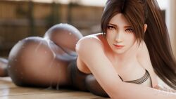 Rule 34 | 3d, akiryo, ass, bare arms, breasts, brown eyes, brown hair, cleavage, fatal fury, highres, large breasts, long hair, looking at viewer, lying, neck, pantyhose, ponytail, shiranui mai, sweat, sweatdrop, the king of fighters, thighs, wide hips