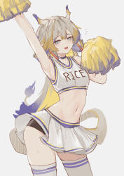 Rule 34 | 1girl, absurdres, arknights, arm up, armpits, bare shoulders, blonde hair, blue choker, blue eyes, cheerleader, choker, clothes writing, commentary request, cowboy shot, crop top, grey hair, highres, holding, holding pom poms, horns, long hair, looking at viewer, midriff, miniskirt, navel, open mouth, pom pom (cheerleading), pom poms, shirt, shu (arknights), skirt, sleeveless, sleeveless shirt, solo, standing, stomach, thighhighs, very long hair, wawamachi (wawamachis), white skirt, white thighhighs
