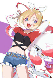 1girl :d arms_up black_undershirt blonde_hair blue_eyes blue_shorts bow_hairband commentary_request cowboy_shot creatures_(company) cropped_shirt denim denim_shorts game_freak hair_between_eyes hairband highres hisuian_zoroark irida_(pokemon) irida_(special_costume)_(pokemon) long_sleeves looking_at_viewer midriff navel nintendo nisanrei121 official_alternate_costume open_mouth pokemon pokemon_(creature) pokemon_masters_ex red_shirt shirt short_hair short_shorts shorts smile teeth upper_teeth_only white_hairband