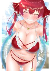 Rule 34 | 1girl, absurdres, anchor symbol, arms behind back, beach, bikini, blush, breasts, closed eyes, collarbone, cowboy shot, day, facing viewer, fang, gluteal fold, hair between eyes, hair ribbon, highres, holding, holding swim ring, hololive, houshou marine, innertube, jewelry, large breasts, leaning forward, light rays, navel, necklace, ocean, red bikini, red hair, red ribbon, ribbon, sand, skindentation, smile, solo, strap gap, sunbeam, sunlight, swim ring, swimsuit, teeth, twintails, virtual youtuber, water, zyunsei777