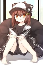 Rule 34 | 1girl, animal ears, animal hat, badge, barefoot, baseball cap, black hat, black jacket, black shirt, black shorts, blush, brown eyes, brown hair, button badge, commentary request, fake animal ears, hair between eyes, hair ornament, hands on own knees, hat, jacket, knees together feet apart, long sleeves, looking at viewer, off shoulder, open clothes, open jacket, original, shirt, short shorts, shorts, sitting, sleeves past wrists, solo, yuuhagi (amaretto-no-natsu)